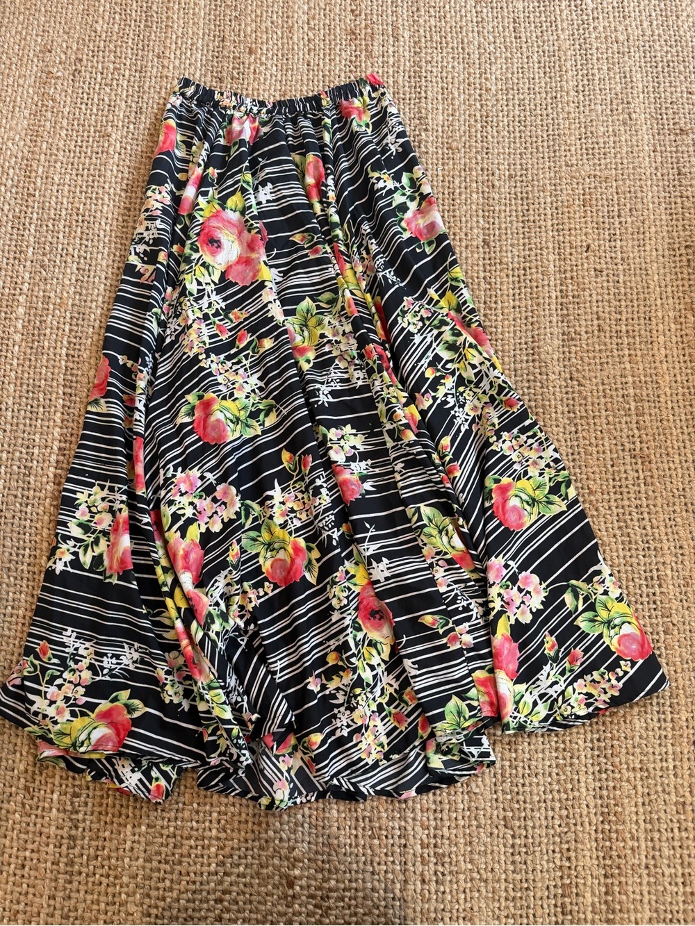 Marshalls Black Floral Striped Skater Skirt with Pink & Green Accents